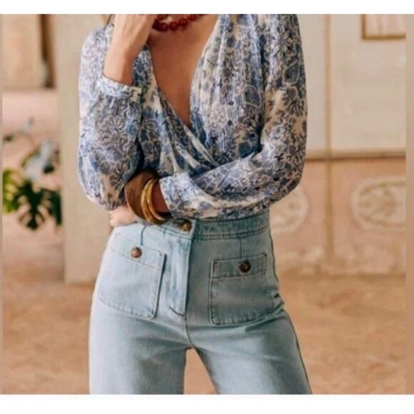Sezane Emilio Jeans Womens Light Wash Blue High Rise Sailor Pockets Wide Leg 44 - Picture 12 of 13